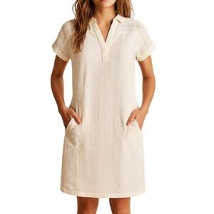 Prana Women's Small Shift Summer Dress Collared Lightweight Cream Cotton Boho